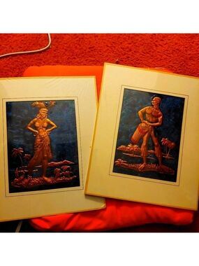 Vintage* 60s Copper Wall Relief Art, Set of 2, Tribal Man and Woman